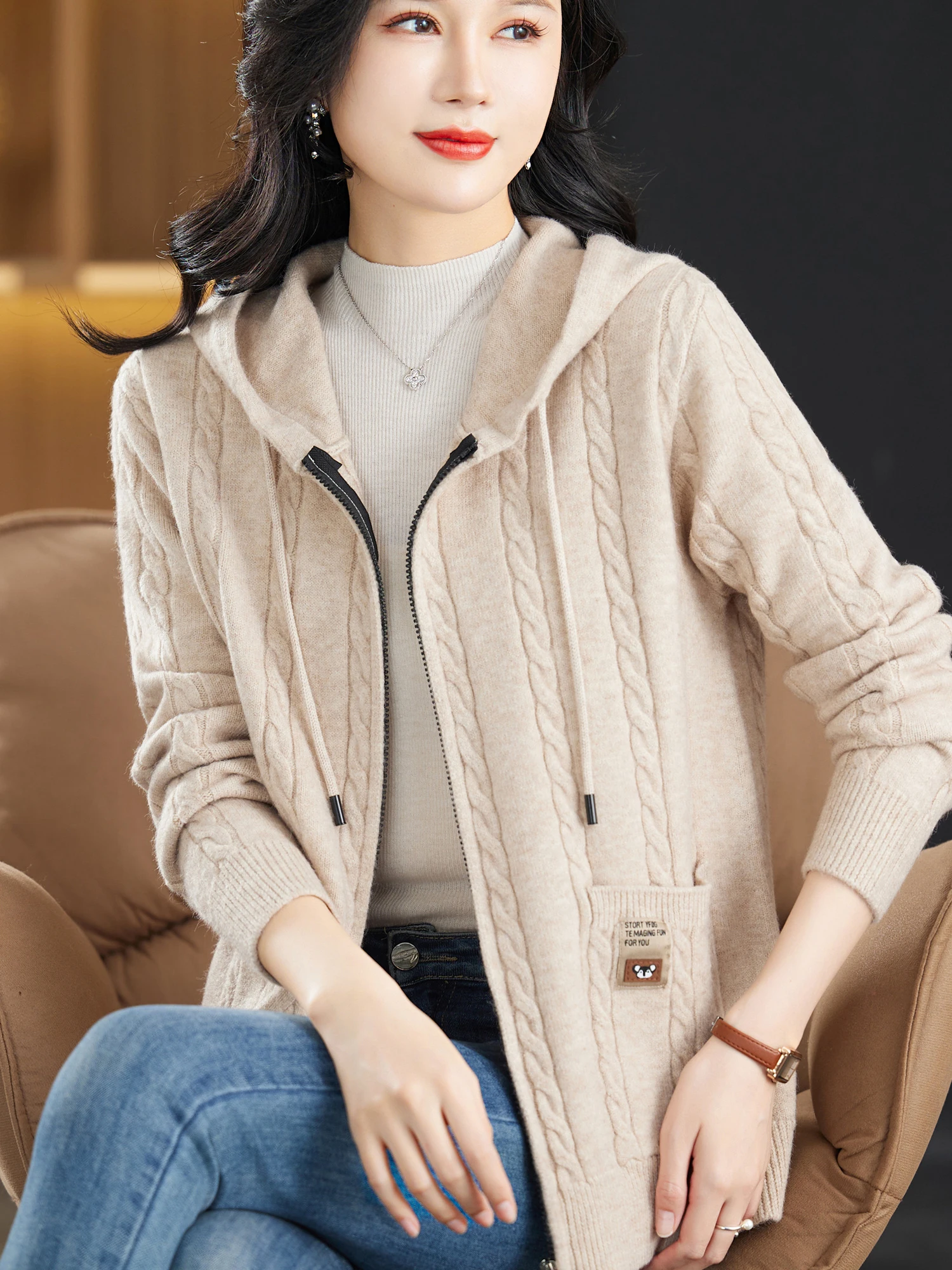 

Young Mom Faionable Knitted Woolen Coat Spring Autumn Hooded Loose plus Size Women's Outerwear Casual Cleanable Zipper