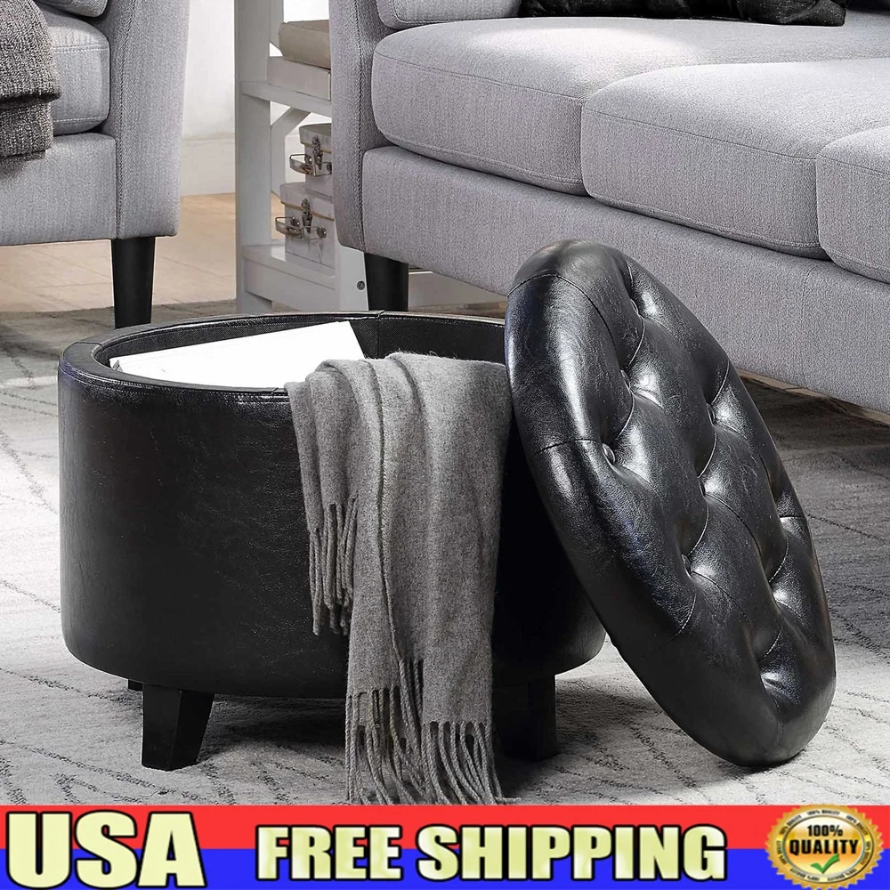 

Transitional Round Storage Ottoman Faux Leather Stylish Footrest Concealed Storage Easy Clean Durable Indoor Use