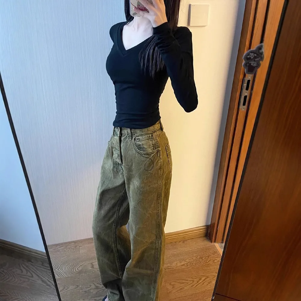 أزياء Y2K تي شيرت بأكمام طويلة بلون بسيط الخامس الرقبة تي شيرت بلوزة قميص داخلي الأساسية تيز القمم الإناث