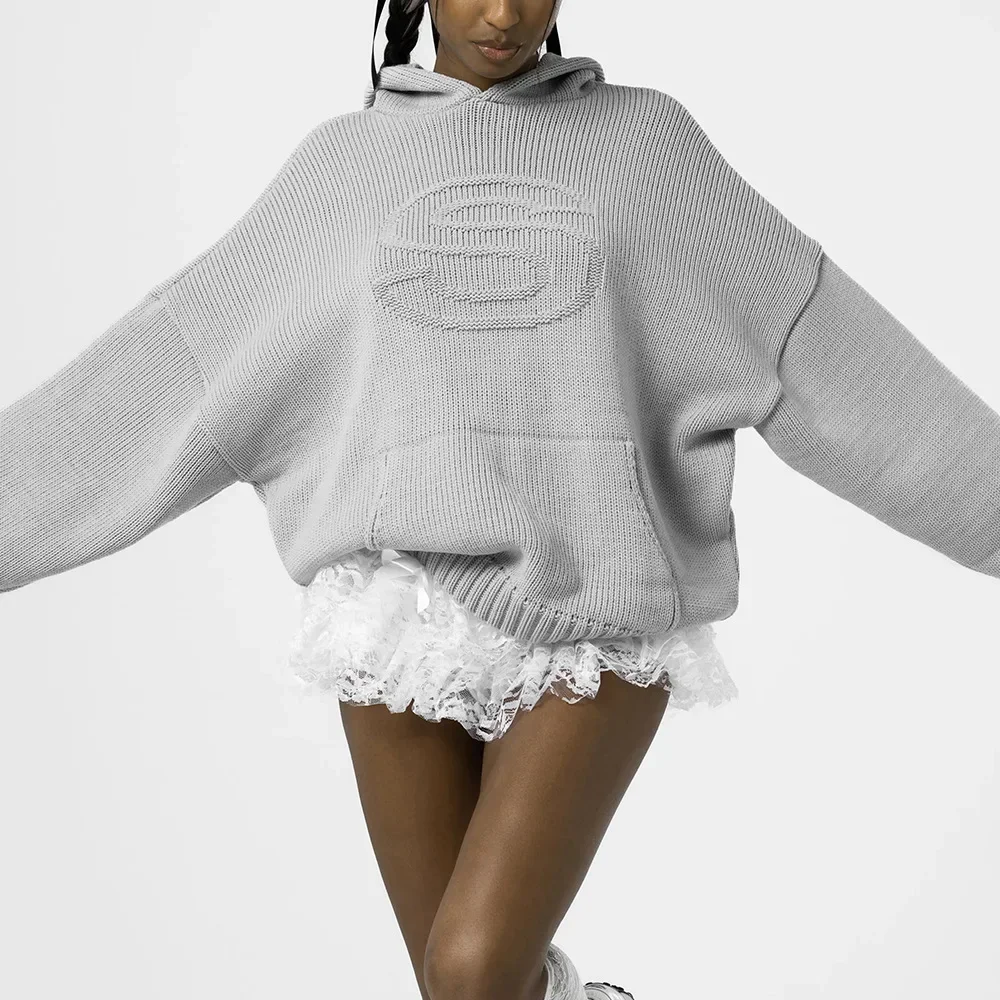 Casual loose S relief knitted hoodie ladies word knitted autumn winter hooded high street suit hooded hoodie sweatshirt