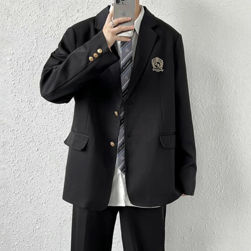 Jaqueta Terno Casual preto Homens Soltos High Street Blazer Jaqueta Tendência Coreana JK Dk Uniforme Escolar Preppy Cool Teenagers Suit Casaco