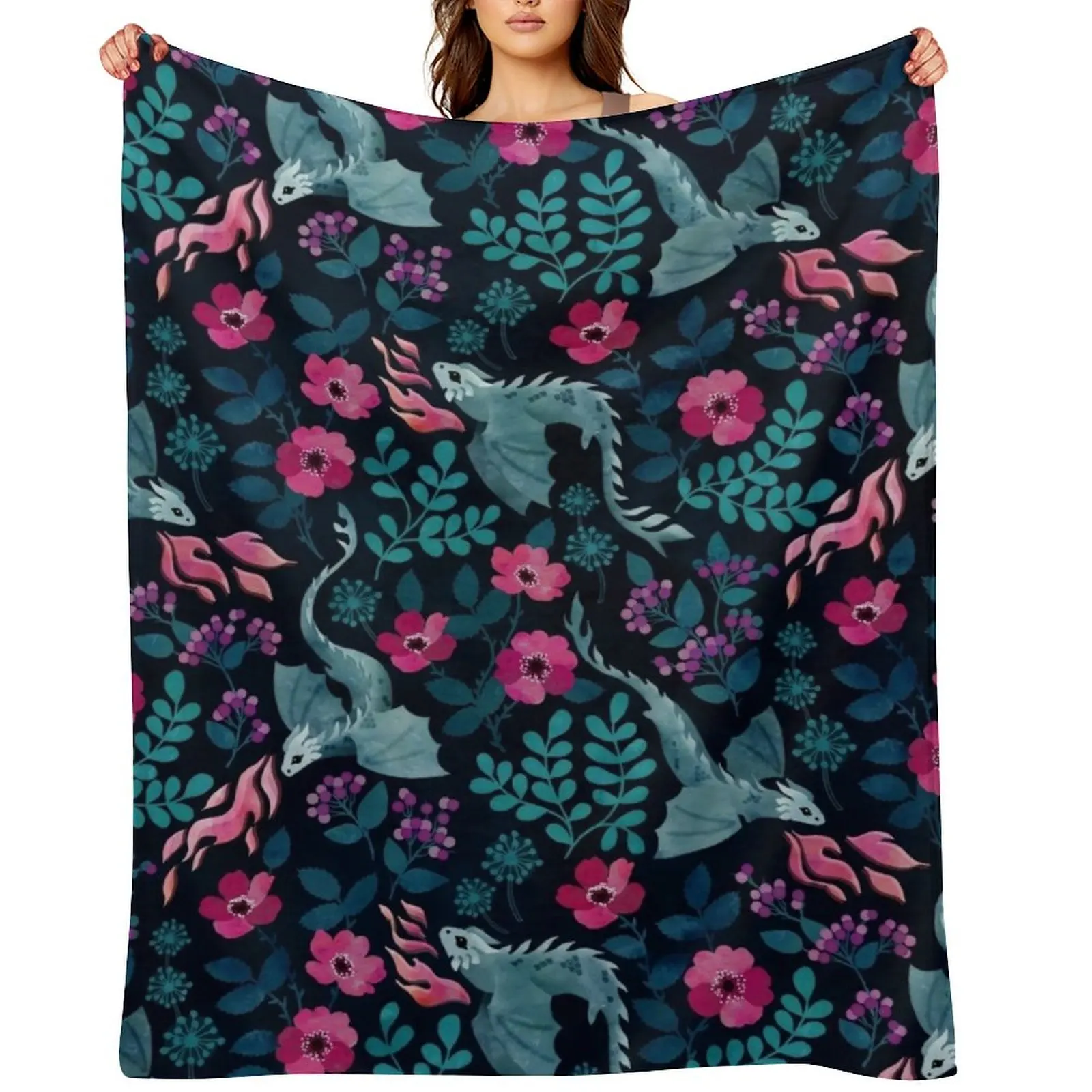 Dragons floral in dark jewel tones Throw Blanket manga Designers Sofas valentine gift ideas Blankets