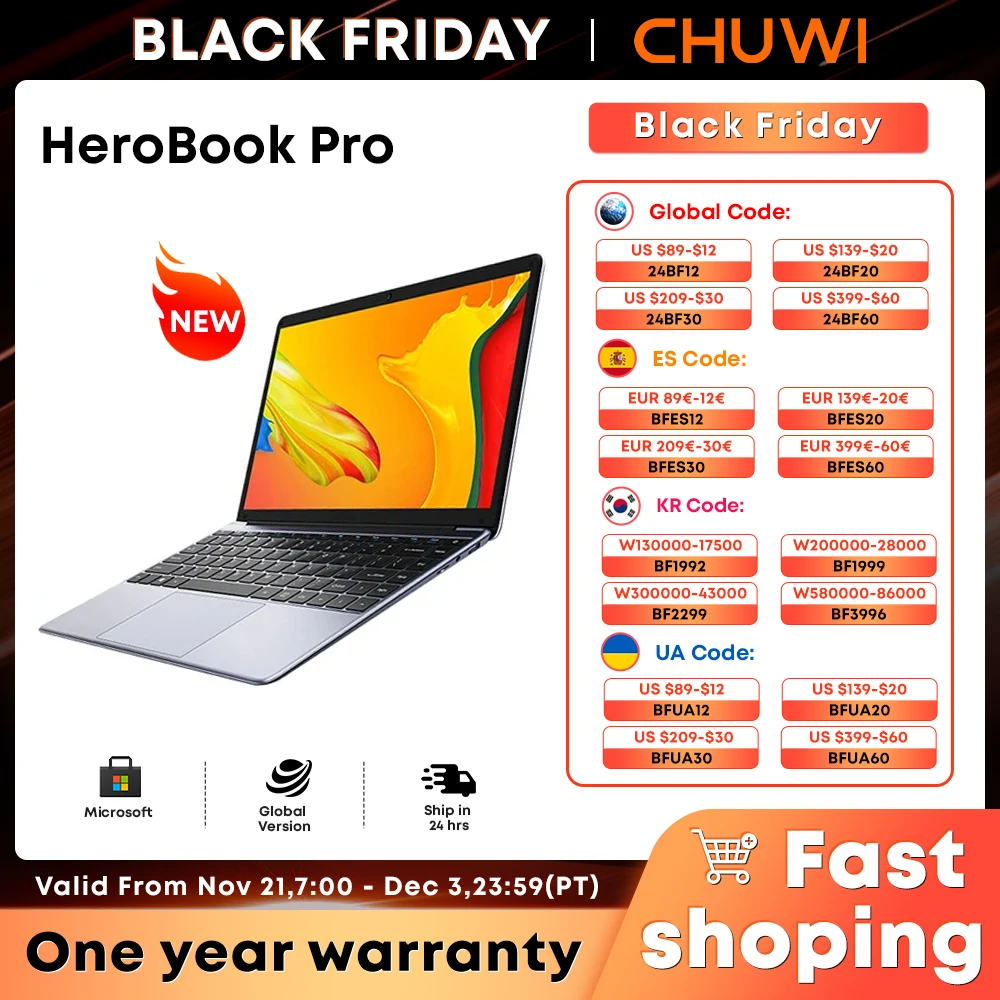 CHUWI HeroBook Pro Laptop 8GB RAM 256GB SSD Intel Celeron N4020 Dual Core 14.1 inch IPS Screen Windows 11 NoteBook Laptops