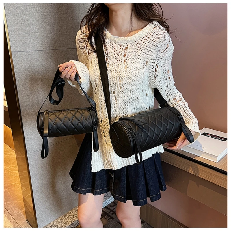 Korean Style Crossbody Bags for Girls, Pure Color Diamond Pattern, Barrel Shaped Purses, Nylon Fabric Cylinder Bag Women Handbag