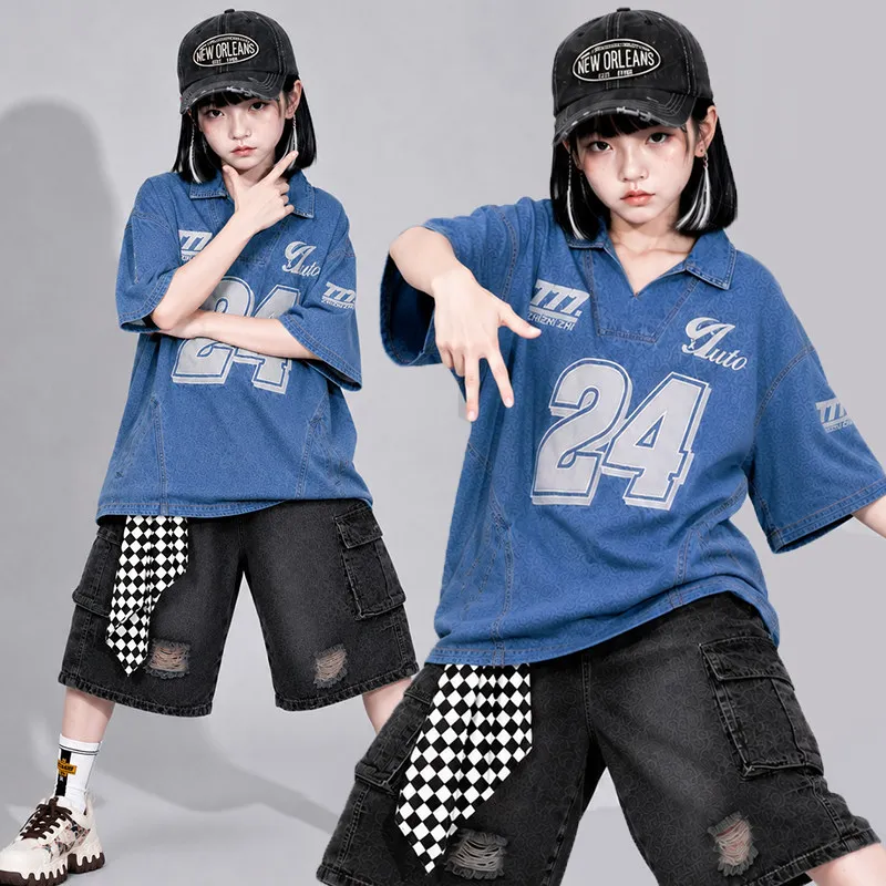 

Modern Jazz Dance Performance Costumes For Boys Denim Blue Shirt Black Shorts Kpop Outfits Hip Hop Dance Stage Clothes DQS23489