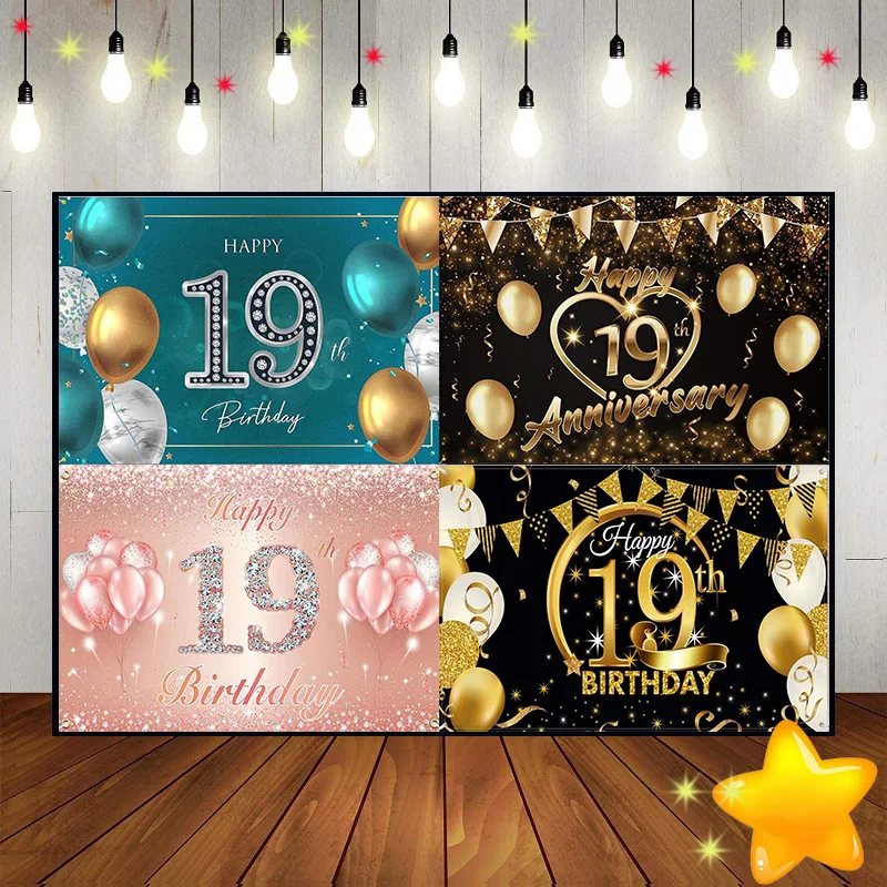 Happy 19th Birthday Photo Background Golden Game Machine Vintage Baptism Backdrop Boy Girl Photography Decoration Smash Cake Red