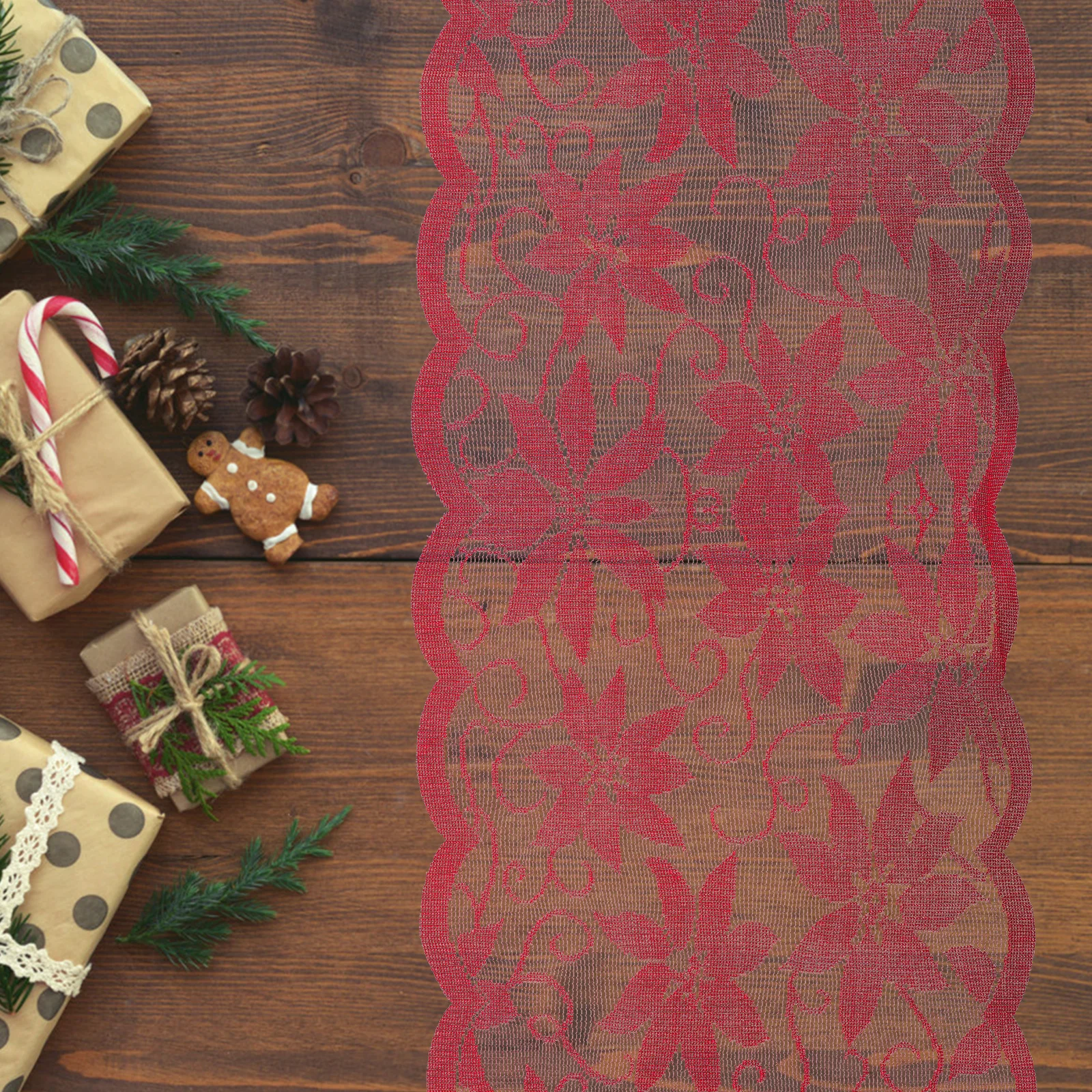 

1Pcs Christmas Table Cover Elegant Lace Pattern 72 Inches Red Table Flag for Holiday Events Family Gathering Decorative Use