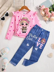 Children's Autumn New Girls' Fashion 2-piece Set Pink Knitted Round Neck Cartoon Printed Long Sleeve+Blue Slimming Printed Pants