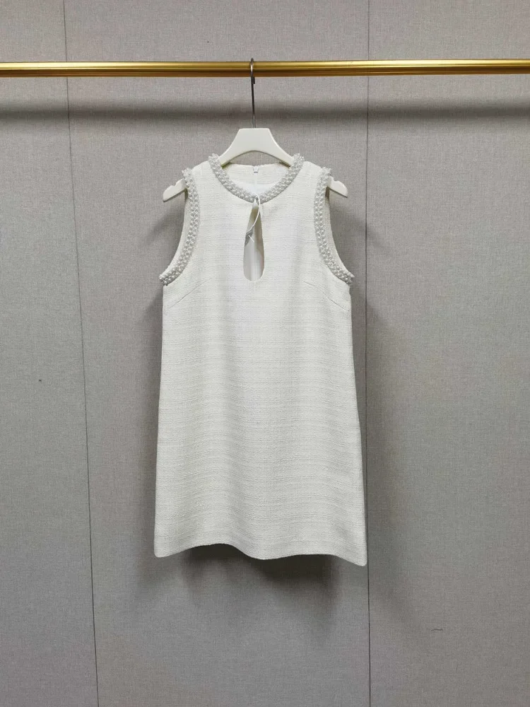 

Women Pearl Decoration Tweed Tank Dress Front Hollow Out Round Neck Elegant O-Neck Sleeveless Female Mini Robe