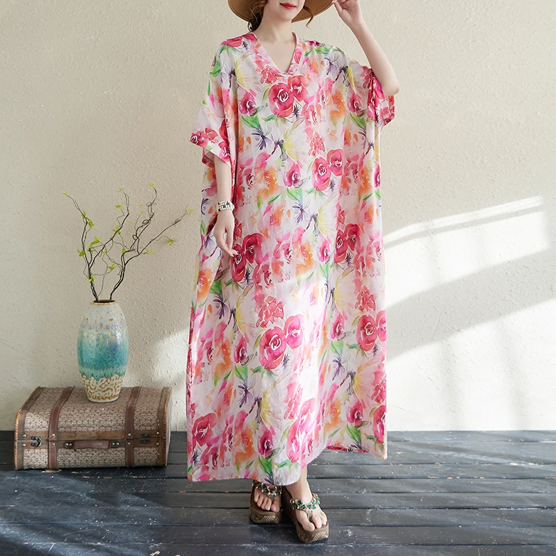 

European Style Oversized Women Dresses 2025 New Summer Vintage Floral Print Casual Loose Sundress Bohemian Maxi Beach Dress