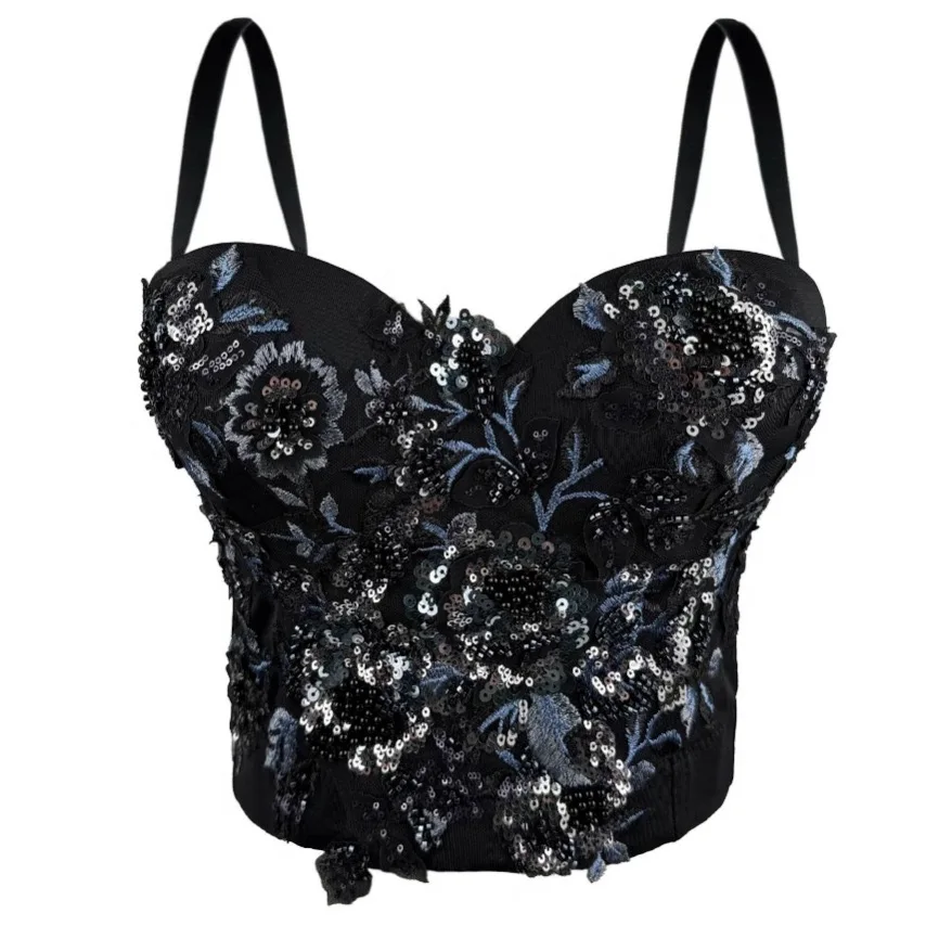 

Hot girl glittering sequined heavy-duty tube top camisole, 3D embroidered floral camisole, stylish and elegant camisole.