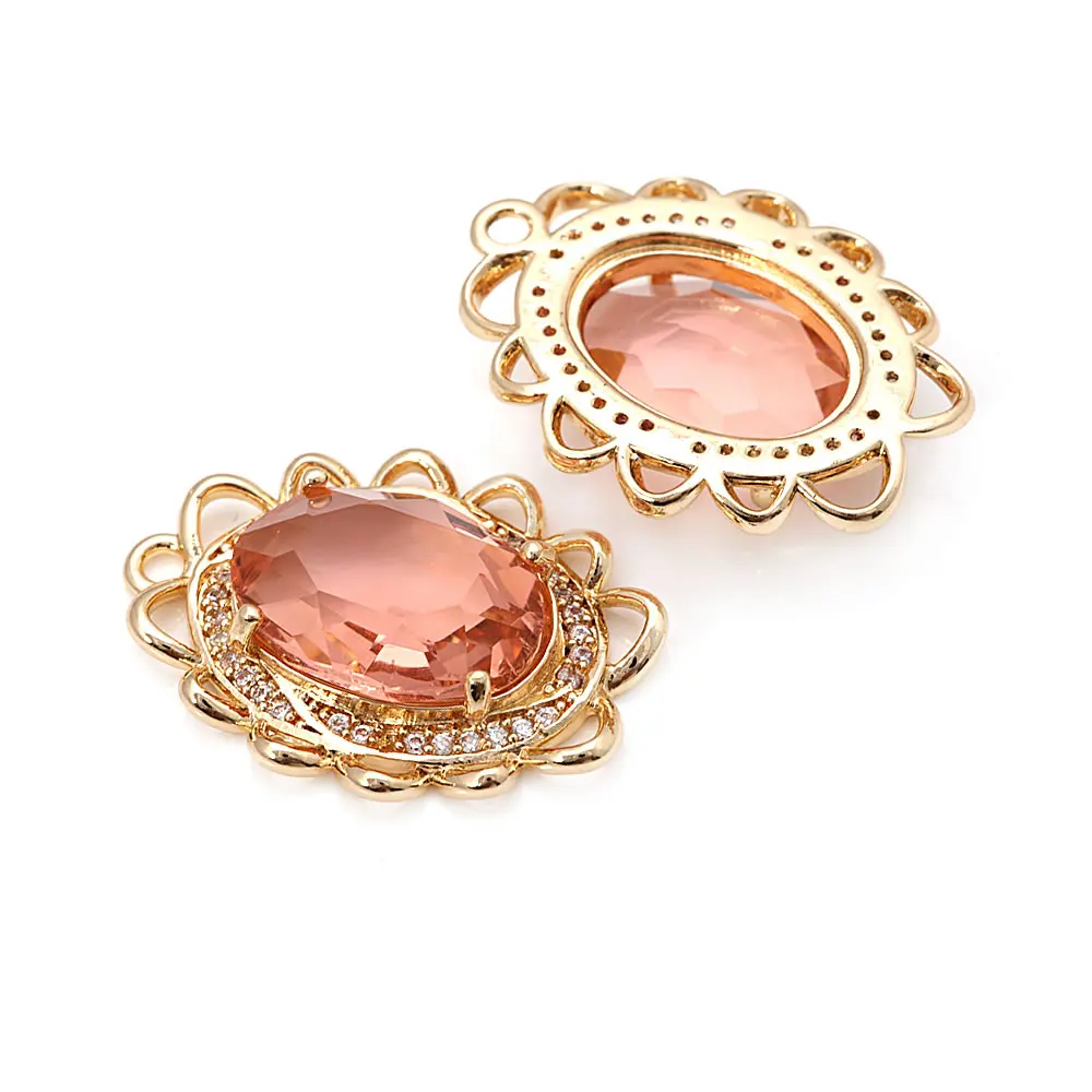 18K Gold Color Brass Zircon Glass Oval Shape Connect Charms Pendants High Quality Diy Jewelry Accessories Making Materials