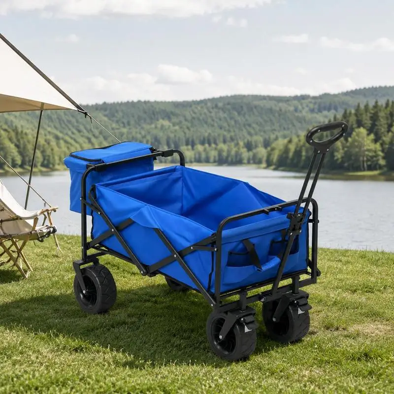 Chariot de jardin 110L avec poignée télescopique et sac isotherme 15L en acier et tissu, bleu. Conception grande capacité répondant aux besoins de transport extérieur variés pour un usage quotidien.