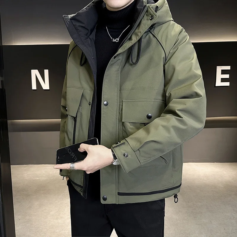 New Winter Men's Hooded White Duck Down Jackets Thickened Hooded Outdoor Down Padded Pockets Work Wear Parka Coats Man JK-123