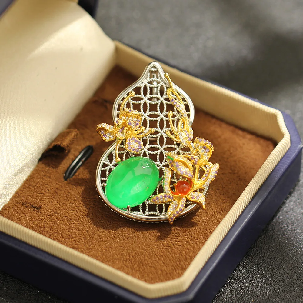 New Chinese Style Gourd Brooch Green Chrysoprase Filigree Orchid Pin for Dress Suit Coat Women