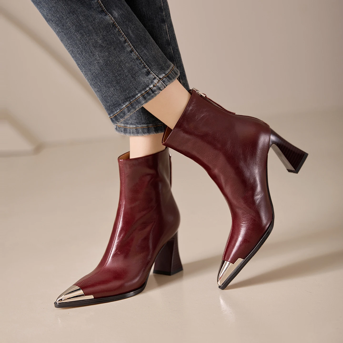 

Premium Luxury Handmade Genuine Leather women's Ankle boots Metal Pointy Toe Modern Booties Womens pumps Elegant Red High Heels