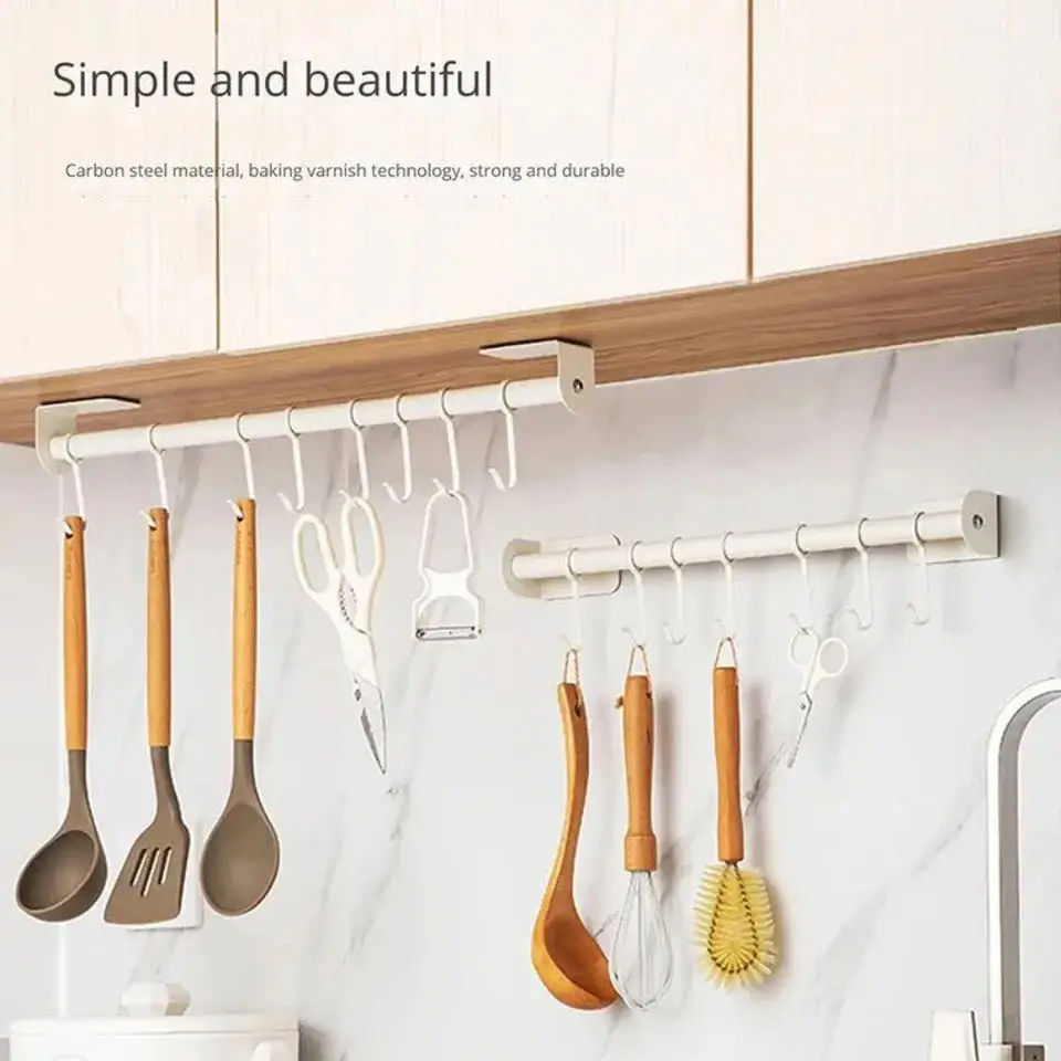 

Hole-free Hook White Simple Multifunctional Stainless Steel Wall Shelves Storage Utensils Holder Kitchen Accessories Organizer