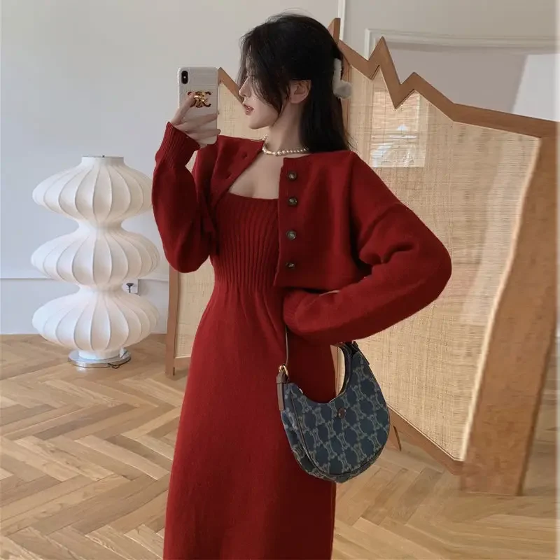Women Knitting Suits Korean Sweet Solid Spring Autumn Full O-Neck Short Coat Spaghetti Strap Long Dress 2 Piece Sets All-match