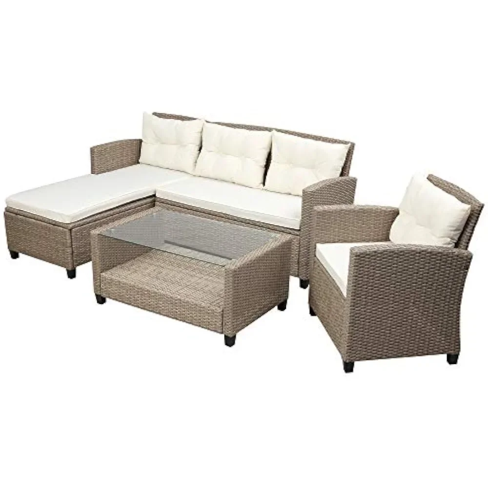 Outdoor Patio Furniture Sets Wicker Rattan Conversation Sofa 4Piece with Glass Table,Chaise Lounge and Chair for Garden Backyard