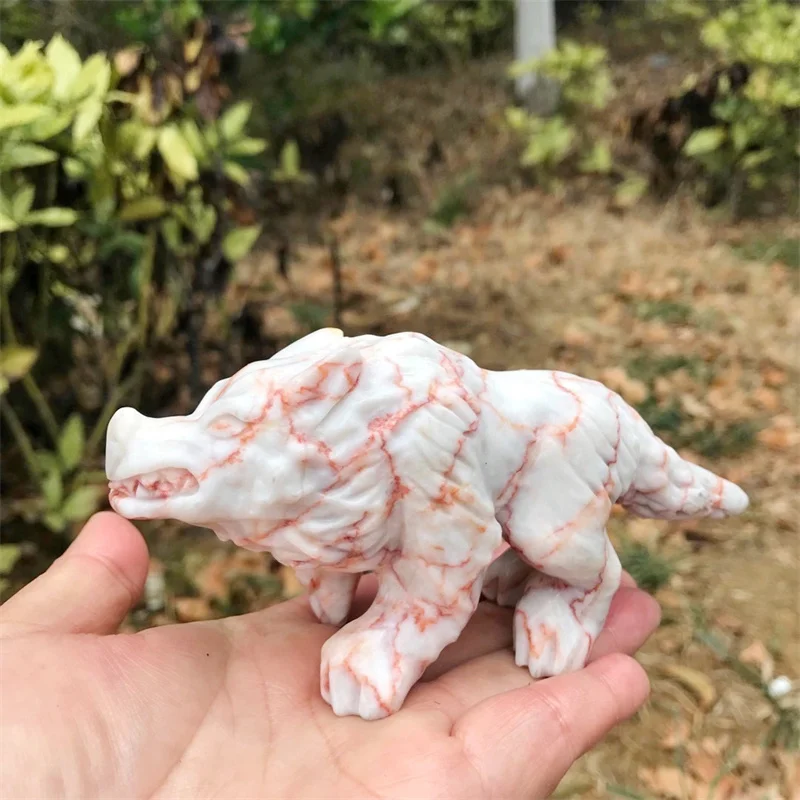 Natural Red Network Stone Wolf Crystal Animal Carving Crafts Powerful Animal Decorative Ornaments Birthday Present 1pcs