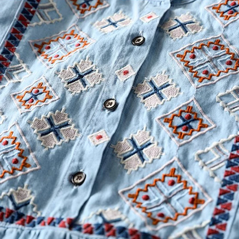 100% Cotton Women Casual Blouse Shirt New 2025 Spring Vintage Style Floral Embroidery Loose Female Long Sleeve Tops Shirts M531