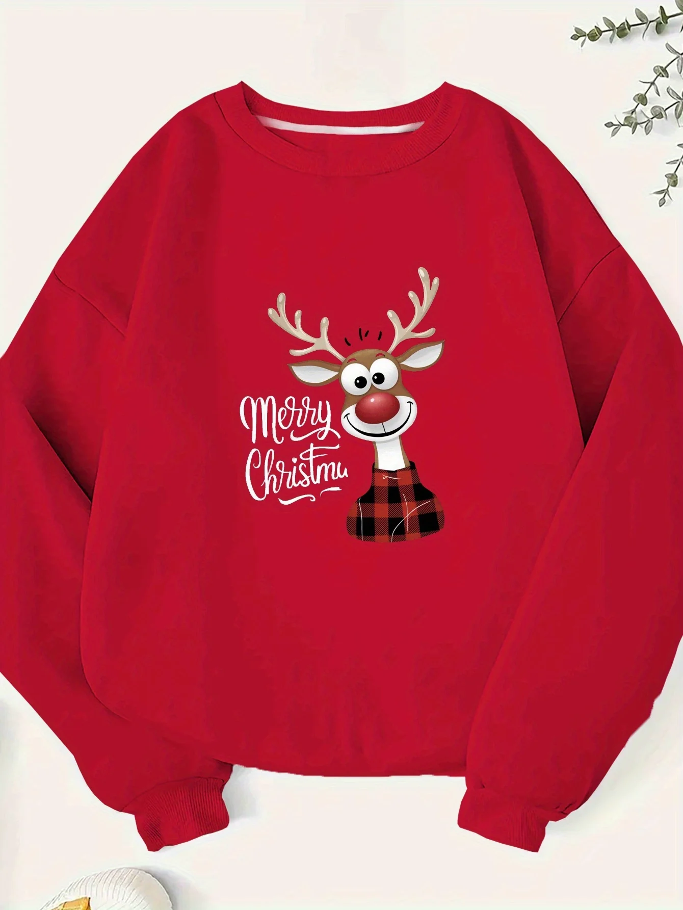 1Pc Women's Plus Size Casual Crew Neck Sweatshirt, Reindeer Merry Christmas Print, Polyester Knit Fabric, Long Sleeve, Geometric