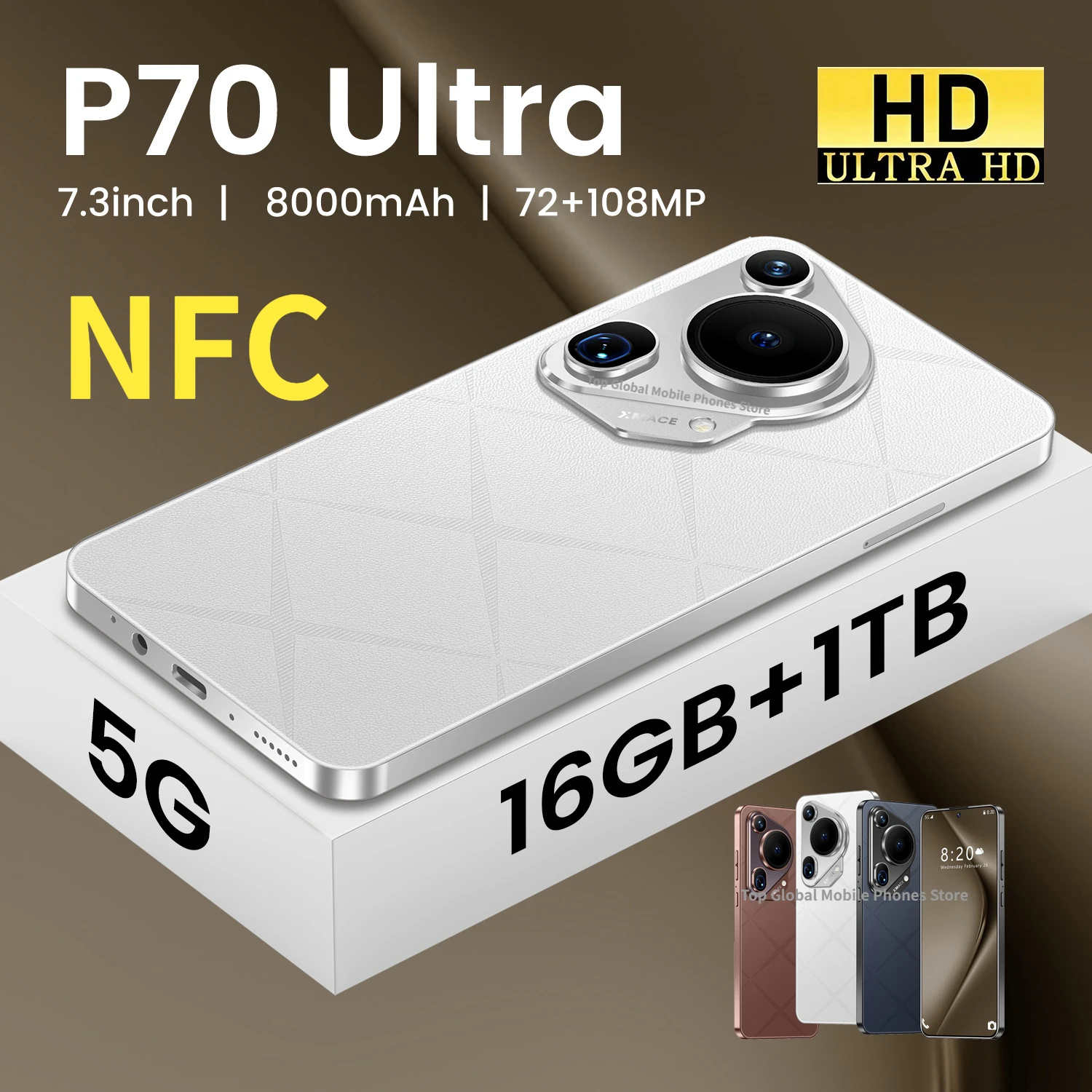 Original P70 Ultra Smartphone Qualcomm8 Gen2 22GB+2TB 8000mAh 72+108MP Dual SIM Dual Standby Android14 Global version NFC Phone