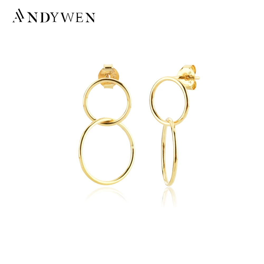 ANDYWEN 925 Sterling Silver Gold Small Two Circle Drop Earring 10mm 15mm 2021 Piercing Hoops Earring Pendientes Tiny Jewelry