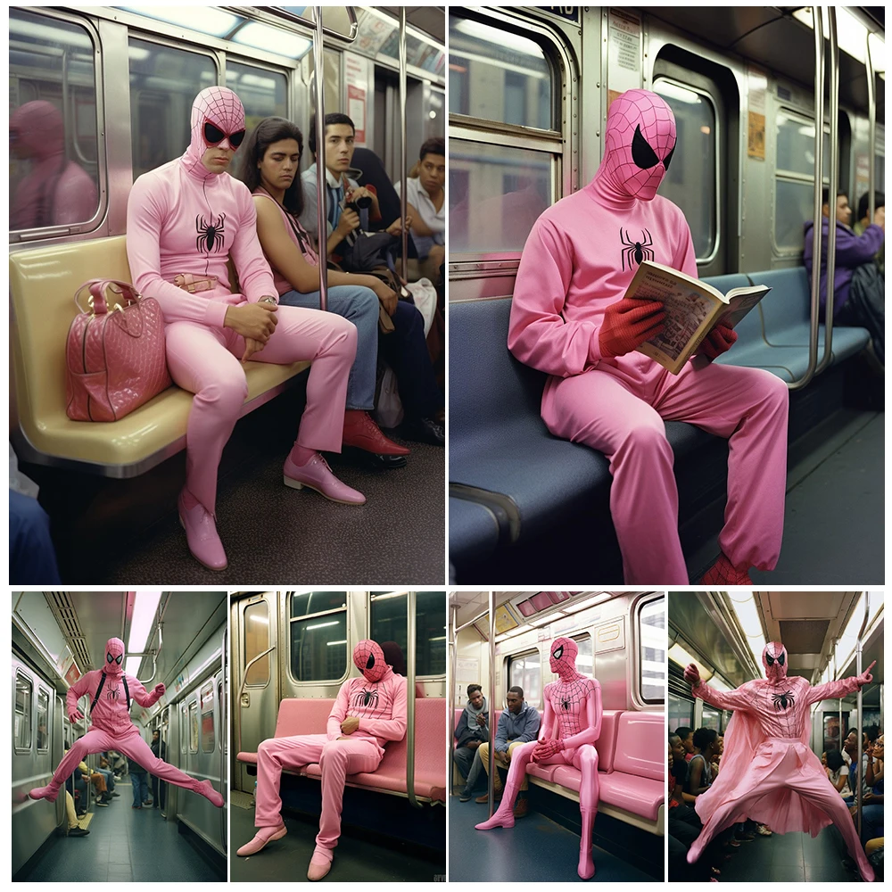 

Superhero Cosplay On The Subway Photography Wall Art Canvas Print Spider Hero AI Funny Art Poster Print Home Decoration Unframed