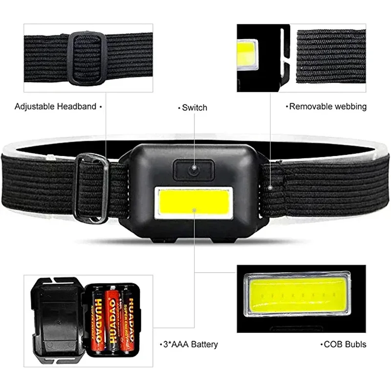 ED Headlamp Flashlight Cob Head Light Bright Head Lamp Waterproof Head with 3 Modes Batteries for Adults Kids Outdoor Camping