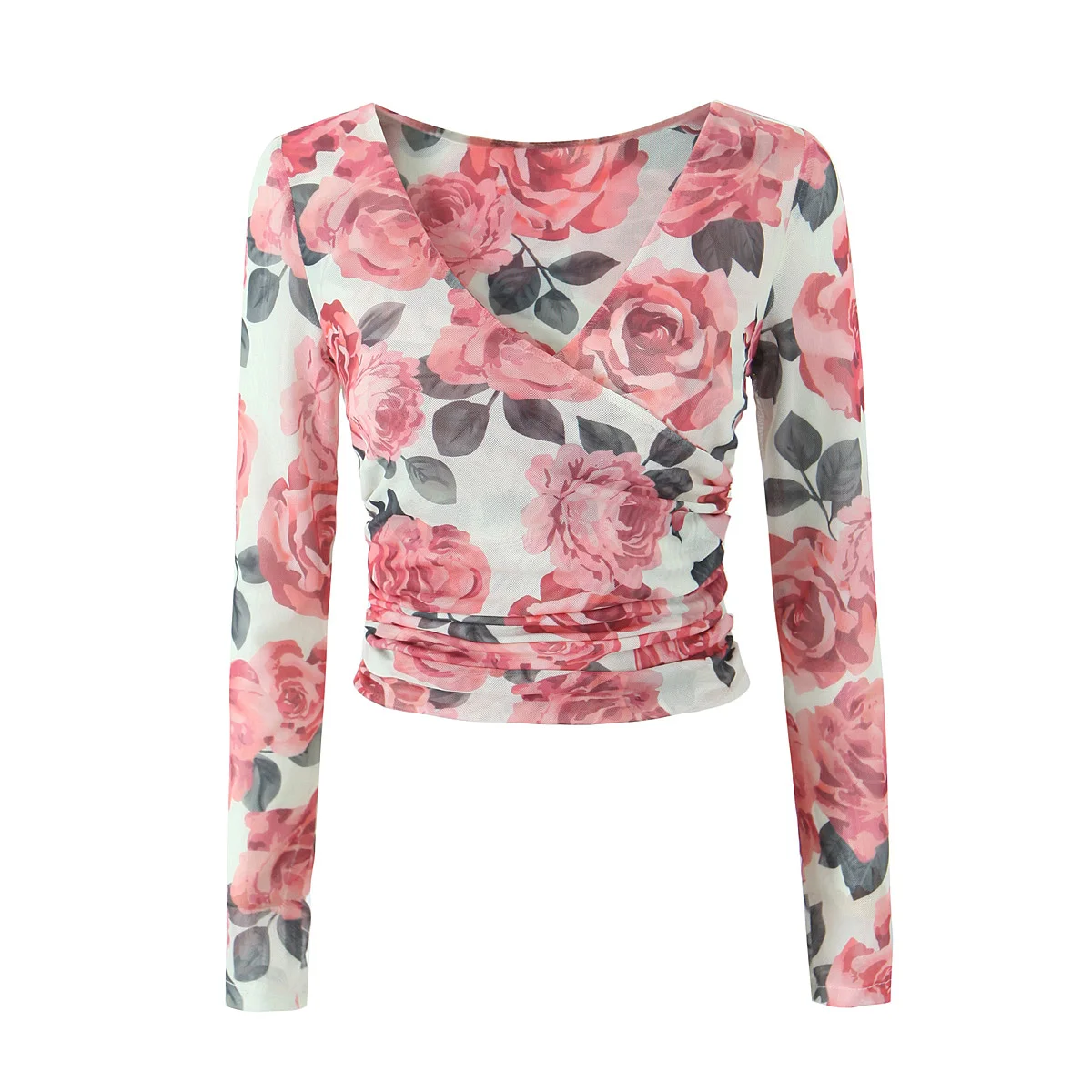 2024 Sexy Cross V neck Floral Print Full Sleeve Mesh T Shirt Women Slim T-shirt Tee Tank Tops