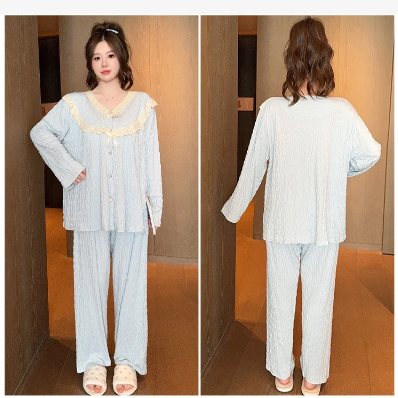 Очень большие хлопковые пижамы для женщин, 150 кг с нагрудными подушечками, корейская весенняя домашняя одежда, кружевные милые брюки с длинными рукавами, верхняя одежда