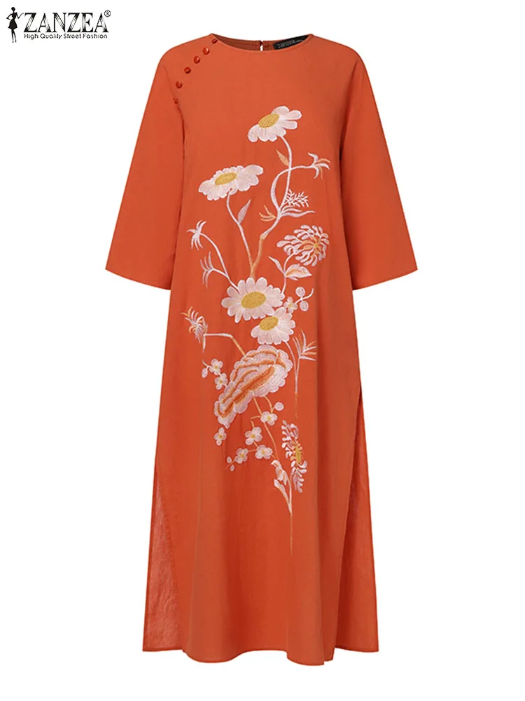 ZANZEA Female Casual Floral Embroidery Dress Fashion Split Hem Sundress Woman 3/4 Sleeve O-Neck Vestidos Summer 2024 Oversized