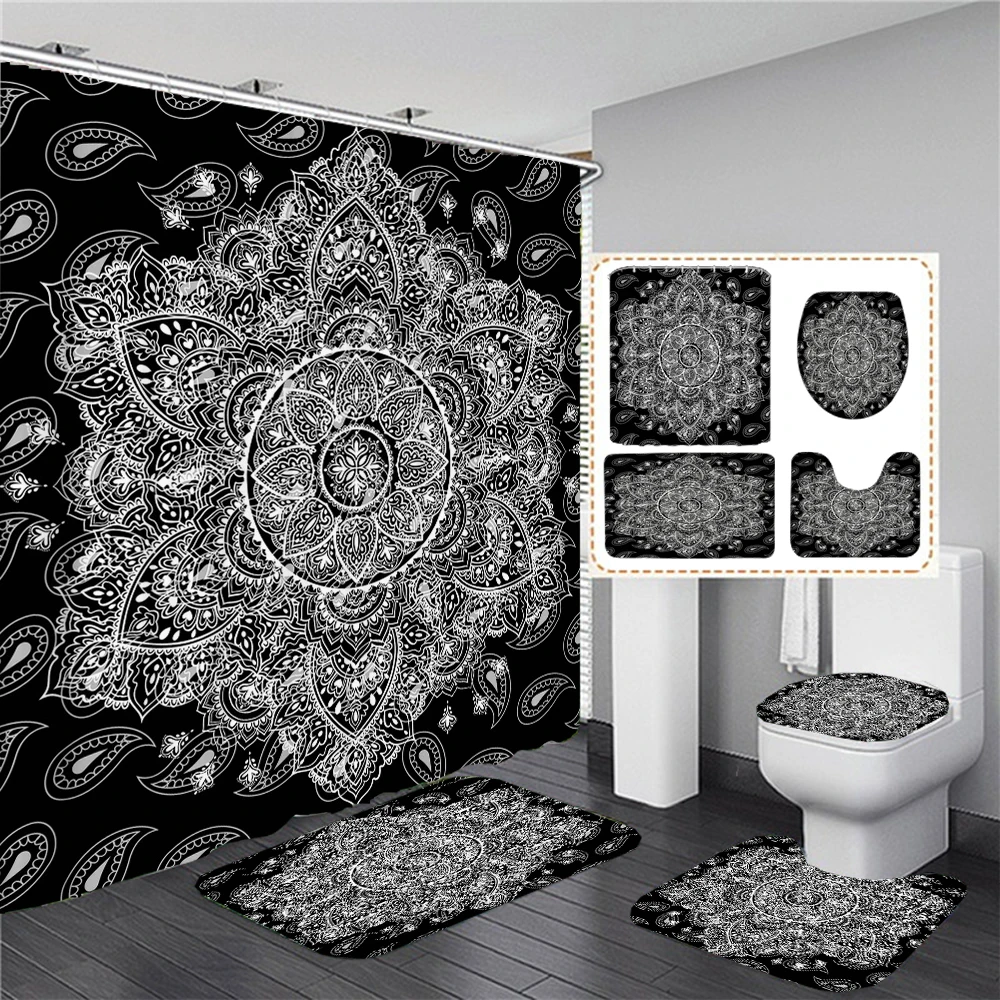 Mandala Shower Curtains Datura Decor for Bathroom Polyester Fabric Decorative Bath Screen Toilet Cover Rugs Carpet WC Sets