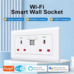 CBE UK Tuya WIFI Smart Wall Socket Double USB Ports Charger 13A Physical Keys Work with Alexa Google Home Voice Control