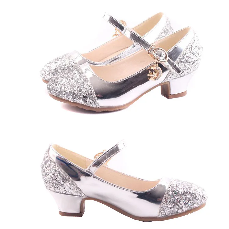 

Детские летние кожаные туфли, корейская версия, туфли принцессы на высоком каблуке, серебряные детские танцевальные туфли, лак с пряжкой и блестками