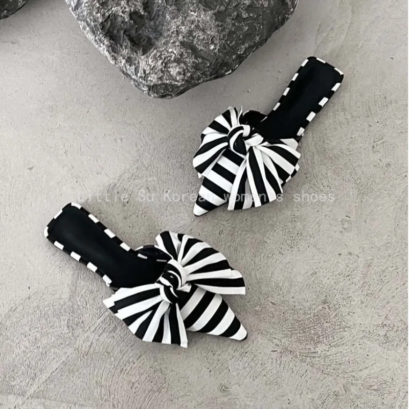 Luxury Designer Bowtie Mule Shoes Women's Fashion Pointed Toe Stripe Wave Slip-on Sandals Ladies Satin Silk Flat Slippers