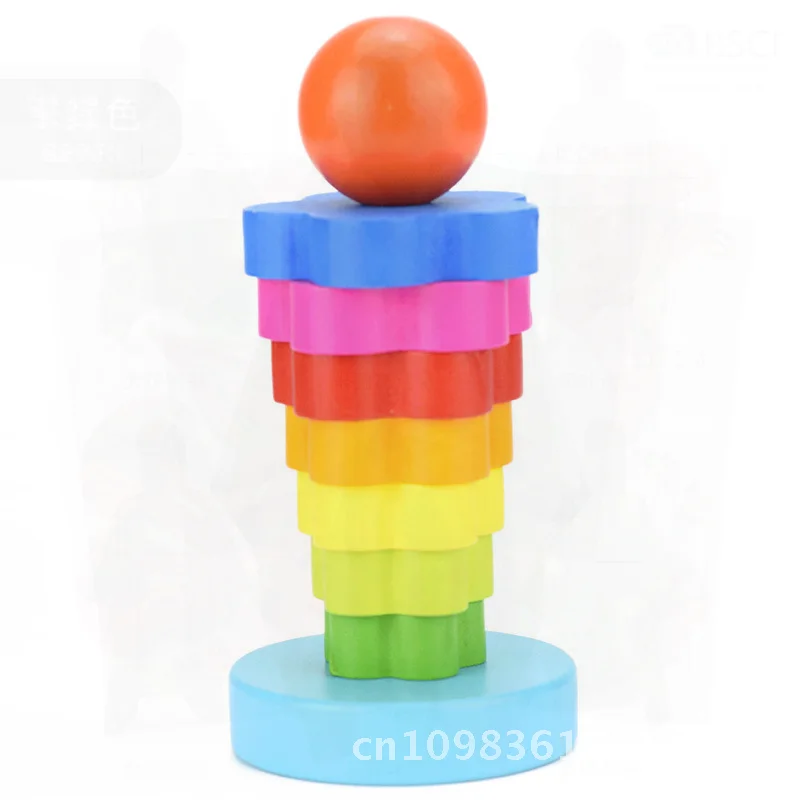 Baby-Holz-Regenbogen-Stapelturm, Musikspielzeug für Kinder im Alter von 0–2 Jahren, bunter pädagogischer mehrschichtiger Ring für die frühe Entwicklung