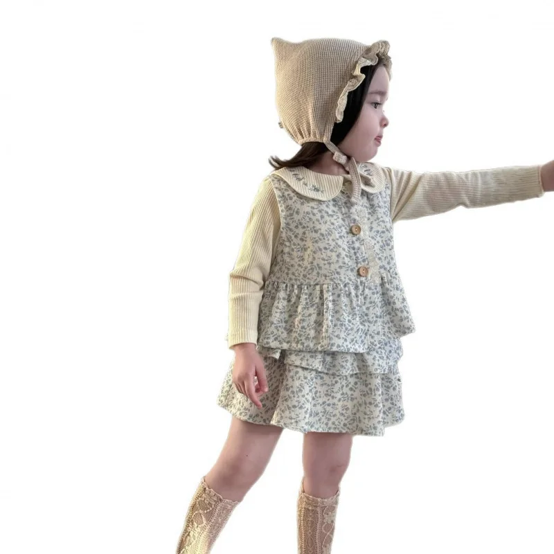 

CY251340Base Layer Shirt+CT251341Vest and Skirt Set2025Spring Girls Floral Suit Bottoming Shirt