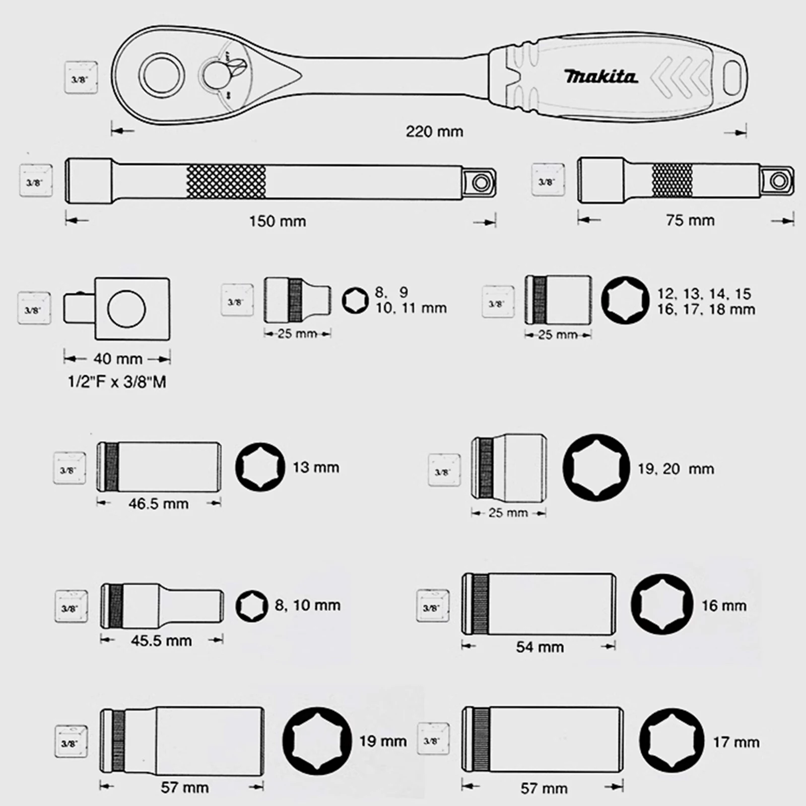 Imagem -05 - Makita-japan Ratchet Wrench Socket Grupo Ferramenta de Reparação para Carro e Motocicleta 23 Pcs Casa
