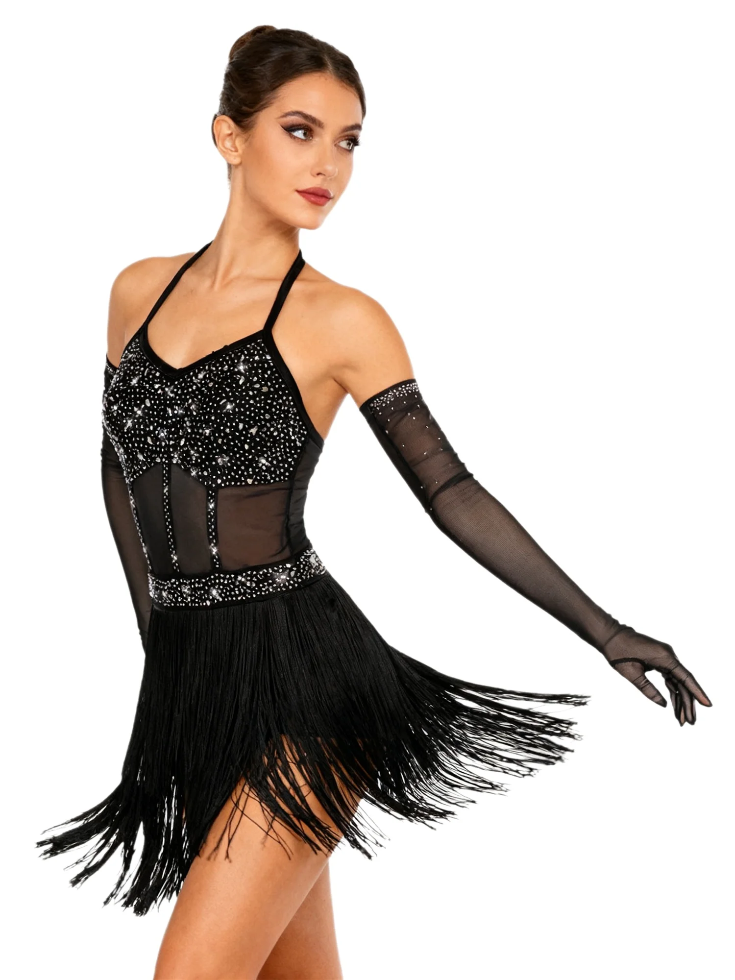 Sukienka do tańca latynoamerykańskiego z rękawiczkami, przezroczysta siateczka, warstwowa sukienka z frędzlami i długie rękawiczki do tańca tango i tańca towarzyskiego.