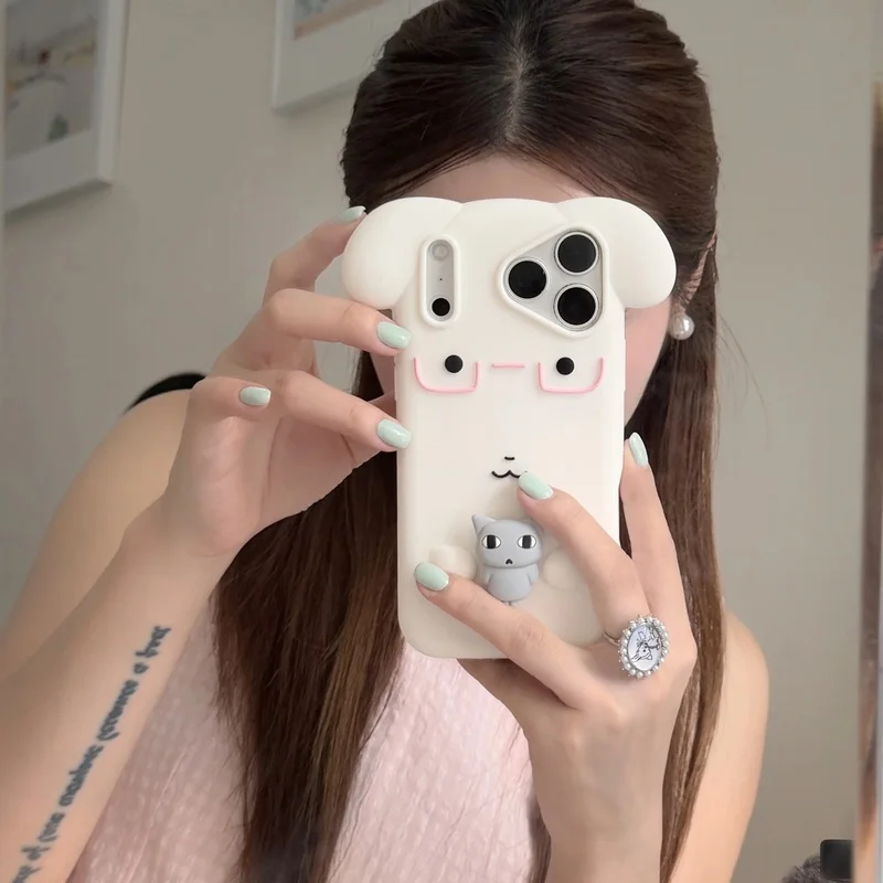 Kawaii 3D Cartoon Dog Silicone Phone Case for iPhone 12 13 14 15 16 17 18 Pro Max Cute Shockproof Soft Back Cover With Stand