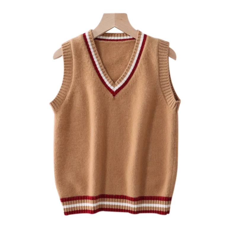 2024 Boys Winter Sweater Cashmere Warm sleeveless Sweater vest V-neck pullover Sweater Color blocked pastoral style Kids Tops