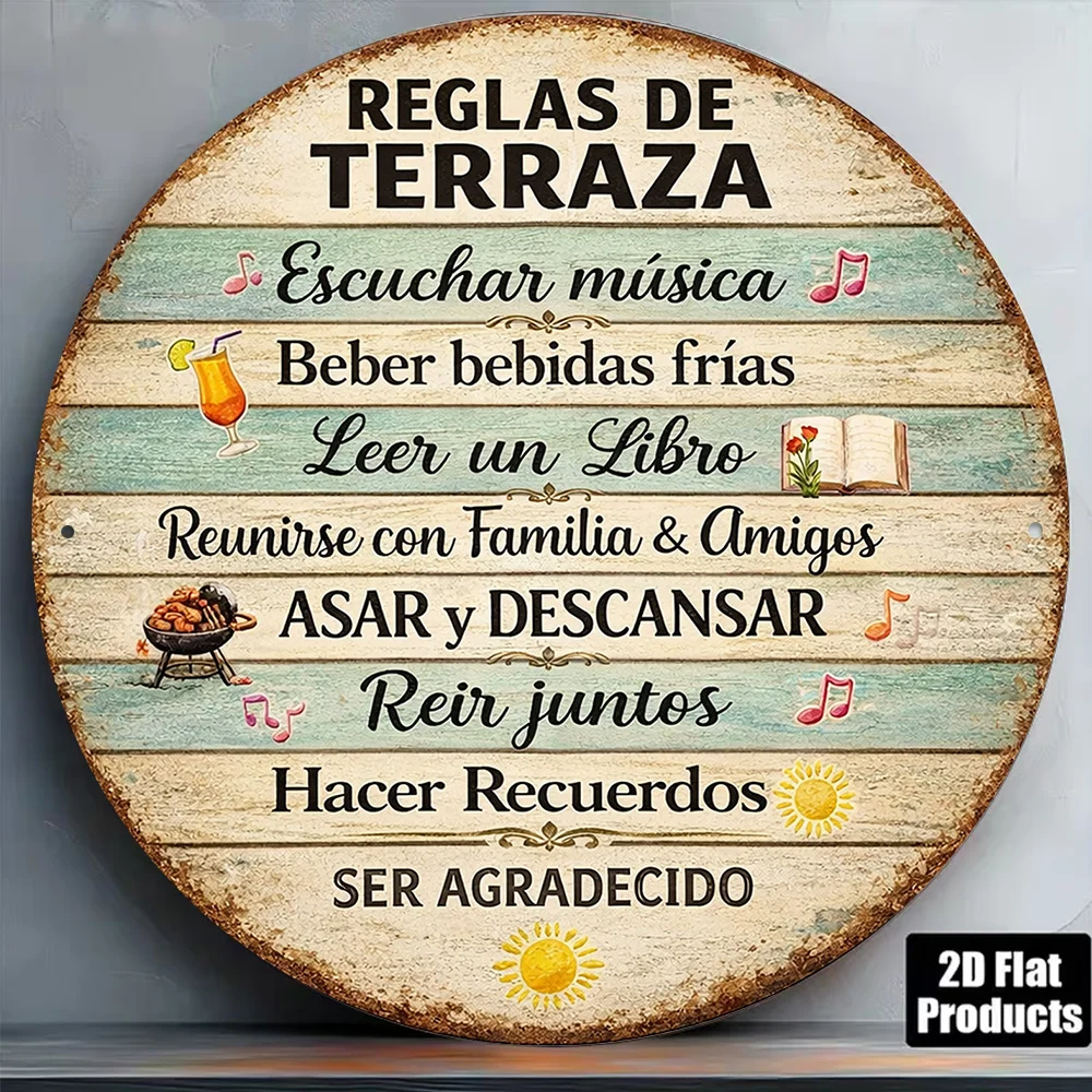 2D Vintage Metal Sign, Round Aluminum Plaque Patio Rules, Outdoor Party Garden Wall Decor for Yard Balcony