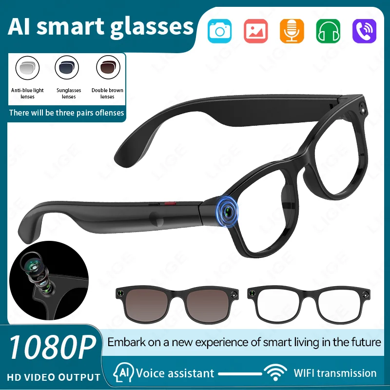 

LIGE 5MP камера умные очки видеозапись AI перевод солнцезащитные очки Bluetooth вызов музыка мужские женские очки Wi-Fi передача