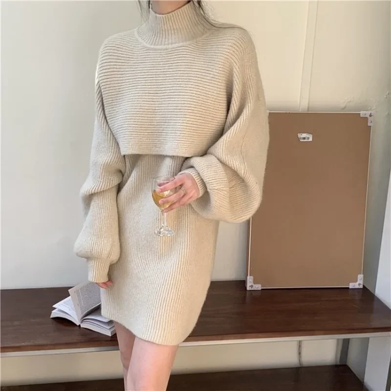 Ezgaga Knit Two Piece Set Women Fashion Turtleneck Sweater Jumper Sleeveless Elegant Dress Loose Solid Pullover Office Lady