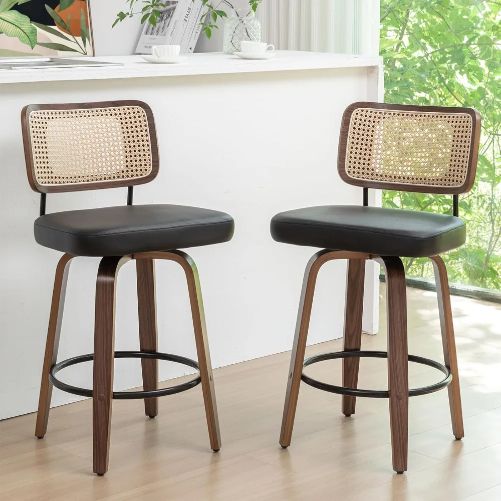 

Bar Stools Set of 2-26.4 inch Rattan Swivel Bar Stools with Curved Back, Walnut Crafts, Upholstered Seat, Counter Height Stools