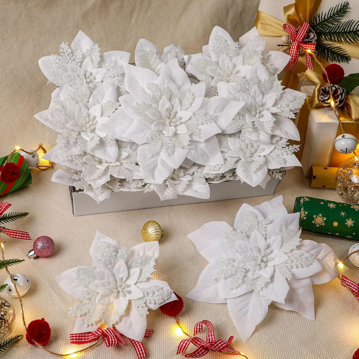 

24 шт. белые искусственные рождественские цветы пуансеттии, 6 футов и 9 дюймов, украшения из искусственного блеска для елки, венка, гирлянды