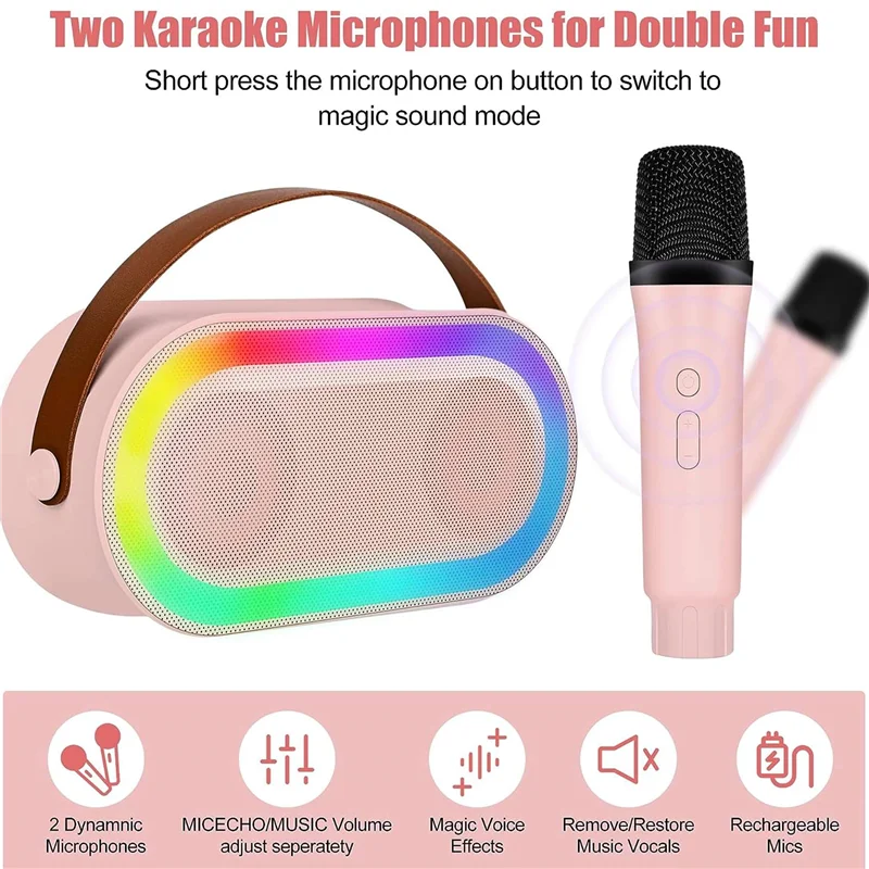 AY14 -Mini Karaoke Machine, Portable Bluetooth Speaker Set With 2 Wireless Microphone With LED Lights (Blue) Easy Install