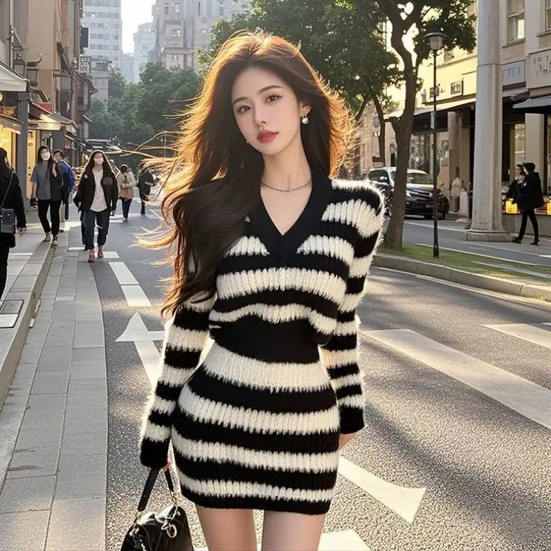 

Black And White Striped Long Sleeve Dress Women, Autumn And Winter, Elegant Sweater Bodycon Dress